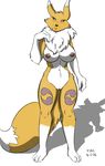  2016 3_fingers 3_toes anthro big_breasts black_sclera blue_eyes breasts digimon dipstick_tail female gloves_(marking) hi_res looking_at_viewer markings multicolored_tail navel neck_tuft nipples nude pussy renamon sailoranna simple_background smile socks_(marking) solo toes tuft white_background 