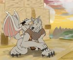  adventurer anthro ausjamcian avian bird canine city corvid dog dragon duo kobold male mammal outside raelgil_sjachi raven riding safe wings 