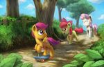  2014 absurd_res anticularpony apple_bloom_(mlp) bush cloud cutie_mark_crusaders_(mlp) equine female fence feral friendship_is_magic fur grass group hair hair_bow hair_ribbon hi_res horn horse huge_filesize mammal multicolored_hair my_little_pony orange_fur outside pegasus plant pony purple_eyes purple_hair red_hair ribbons scootaloo_(mlp) sky sweetie_belle_(mlp) tree unicorn white_fur wings yellow_fur 