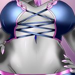  2016 ambiguous_species anthro big_breasts breasts claws clothed clothing faceless_female female fur grey_fur hair hand_on_hip long_hair low_res mammal midriff navel pink_claws pink_hair purple_background ryokowolf simple_background solo 