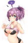  aoba_(kantai_collection) bare_arms bare_shoulders bikini black_bikini black_scrunchie blue_eyes blush breasts clothes_lift collarbone dripping eating flower food hair_ornament hair_scrunchie hand_up holding holding_food hot kantai_collection large_breasts leaning_forward looking_at_viewer navel pink_hair ponytail popsicle purple_flower sawamura_aoi scrunchie short_hair sleeveless solo stomach sweat swimsuit tank_top upper_body wet 