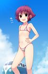  :d bikini black_eyes blush bob_cut catchphrase cloud commentary day flat_chest hand_on_hip hyuuga_takashi kanbara_satomi micro_bikini navel o-ring o-ring_bottom o-ring_top open_mouth red_hair saki short_hair sky smile solo string_bikini swimsuit translated volkswagen volkswagen_type_2 