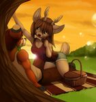  anthro antlers canine cervine clothed clothing deer duo female horn magenta7_(artist) male male/female mammal outside picnic sitting smile teeth 