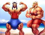  anthro beach bulge canon15 clothed clothing duo fangs feline flexing horn hybrid hyper hyper_muscles lion looking_at_viewer male mammal muscular nipples open_mouth outside seaside shirt smile standing tank_top tattoo teeth 
