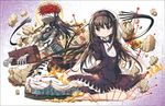  :/ akemi_homura arms_behind_back barefoot black_dress black_eyes black_hair blanket blush brick_wall chauke cuffs dress embers fire flower full_body funeral_dress hairband homulilly long_hair mahou_shoujo_madoka_magica mahou_shoujo_madoka_magica_movie rubble sailor_collar sitting skeleton spider_lily spoilers stocks very_long_hair wariza 