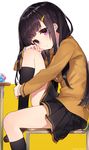  artist_name black_hair chair desk from_side hair_ornament hairclip hand_on_own_knee highres knee_up kneehighs leg_hug loafers long_hair mika_pikazo original purple_eyes school_uniform shoes sitting skirt solo 