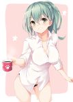  absurdres bad_id bad_pixiv_id black_panties breasts cleavage coffee coffee_mug collared_shirt commentary_request covered_nipples cowboy_shot cup dress_shirt green_eyes green_hair grin hair_ornament highres kantai_collection large_breasts looking_at_viewer mug no_pants open_clothes open_shirt panties paw_print ponytail shirt sleeves_rolled_up smile solo suzuya_(kantai_collection) takehana_note textless thighs underwear 