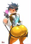  ass breasts brown_hair cellphone gloves goggles highres huge_ass large_breasts leaning_forward looking_at_viewer looking_back overwatch rebis revision self_shot shiny shiny_clothes shiny_hair short_hair sideboob skindentation smile solo tracer_(overwatch) 