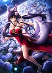  absurdres ahri animal_ears black_hair blush breasts brown_eyes cleavage covered_navel detached_collar dress dutch_angle facial_mark fighting_stance floating_hair flower fox_ears fox_mask fox_tail full_moon grin hair_flower hair_ornament hair_scrunchie highres holding holding_mask huge_breasts league_of_legends long_hair low_twintails mask moon multiple_tails night red_dress sandals scrunchie sleeveless sleeveless_dress smile solo standing sui_sui_baihu_jiu_wei_pang_pang tail twintails very_long_hair 