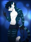  abs anthro briefs bulge clothed clothing collar english_text fangs feline inviting leash magenta7_(artist) male mammal navel simple_background smile solo teeth text tiger topless underwear 