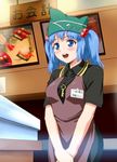  alternate_costume apron bangs black_shirt blue_eyes blue_hair blush blush_stickers breasts buttons cash_register cashier collared_shirt contemporary counter dress dress_shirt employee_uniform food hands_together hat highres kawashiro_nitori key medium_breasts menu menu_board name_tag open_mouth polo_shirt poster shirt short_hair short_sleeves smile solo sushi touhou twintails two_side_up uniform v_arms working zouni_(xavier) 