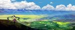  castle city cloud day dress grass hatsune_miku highres hill landscape long_hair mountain nai_zi outstretched_arms scenery sky solo twintails vocaloid 