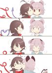  &gt;_&lt; 4koma ahoge akagashi_hagane animal_ears asymmetrical_wings black_hair blush cheek_kiss clenched_teeth closed_eyes comic grey_hair grin heart_ahoge houjuu_nue kiss mouse_ears mouse_tail multiple_girls nazrin red_eyes smile tail teeth touhou wings yuri 