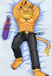  abs anthro armpit_hair armpits barefoot bed clothed clothing digimon feline hi_res leomon lion looking_at_viewer lying male mamaduo mammal mane muscular nipples on_back on_bed open_pants pecs pinup pose pubes raised_arm seductive solo topless weapon 