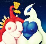  2016 anthro anthrofied avian big_breasts breast_squish breasts breasts_frottage brown_eyes duo ho-oh legendary_pok&eacute;mon looking_at_viewer lugia navel night nintendo nipples nude outside pok&eacute;mon pok&eacute;morph pussy red_eyes sirredbenjamin slightly_chubby smile video_games 
