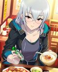  artist_request bangs breasts brown_eyes cleavage collarbone eating food glasses hood hoodie idolmaster idolmaster_cinderella_girls jewelry long_hair looking_at_viewer medium_breasts necklace official_art pepper_shaker restaurant rice serious silver_hair sitting solo table takamine_noa 