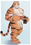  adios barefoot beverage coffee feline food looking_at_viewer male mammal manly muscular muscular_male nude pecs penis solo stocky tiger uncut 