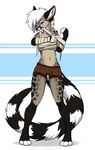  anthro bandage clothed clothing female genet hair half-closed_eyes magenta7_(artist) mammal navel simple_background solo standing viverrid white_hair 