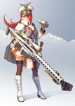  bag belt_boots binoculars blue_eyes boots brown_gloves epaulettes fishnet_legwear fishnets full_body garter_straps gloves gun hair_over_one_eye hat high_heels holding holding_binoculars holding_gun holding_weapon knee_boots kws long_hair long_sleeves looking_at_viewer medal military military_uniform mountain original peaked_cap red_hair rifle scope shirt skirt sniper_rifle solo standing thighhighs uniform weapon white_footwear white_shirt white_skirt 