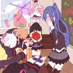  ahoge akatsuki_kirika black_hair blonde_hair blue_hair blush boots bouquet bow bowing cake cellphone chalkboard classroom confetti covering_mouth danshi_koukou_valentine flower food giving glasses hair_bow happy_birthday head_out_of_frame indoors kazanari_tsubasa kohinata_miku layered_skirt long_hair lydian_academy_uniform maria_cadenzavna_eve milk_puppy multiple_girls no_eyes noise_(symphogear) one_side_up orange_hair phone pink_hair school_uniform senki_zesshou_symphogear serafuku smartphone stuffed_toy tachibana_hibiki_(symphogear) taking_picture thigh_boots thighhighs tsukuyomi_shirabe white_hair window yukine_chris 