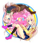  :o ;o asymmetrical_legwear black_legwear blue_eyes blush bow braid brown_legwear commentary_request hairband highres ia_(vocaloid) kakizato kneehighs knees_together_feet_apart loafers long_hair megurine_luka multiple_girls necktie one_eye_closed pantyhose pink_hair pleated_skirt pointing shoes simple_background skirt sneakers sweater twin_braids vocaloid 