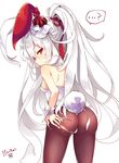  ? animal_ears ass bare_shoulders bunny_ears bunny_tail bunnysuit character_name choko_(last_period) cowboy_shot cross detached_collar from_behind hair_ornament hand_on_ass kedama_milk last_period long_hair looking_at_viewer looking_back pantyhose red_eyes solo tail torn_clothes torn_legwear white_background white_hair wrist_cuffs 