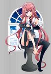  ahoge bad_anatomy bad_feet blue_eyes fingerless_gloves gloves hair_ribbon hairband hinato kantai_collection kawakaze_(kantai_collection) long_hair red_hair ribbon school_uniform serafuku sitting skirt smile socks_removed solo twintails very_long_hair window 