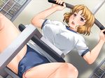  bare_legs blonde_hair bloomers blush breasts buruma dutch_angle endou_mitsu erect_nipples exercise exercise_machine game_cg gym gym_uniform highres indoors large_breasts looking_at_viewer mole mole_under_mouth najimi_no_obachan:_batsuichi_jukujo_to_inran_miboujin purple_eyes short_hair short_sleeves sitting smile solo spread_legs vibrator vibrator_under_clothes 