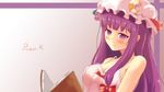  blush book breasts camisole character_name cleavage crescent hat hat_ribbon highres large_breasts long_hair mob_cap patchouli_knowledge purple_eyes purple_hair reading ribbon rin_(ashleyy) see-through smile solo spaghetti_strap touhou 