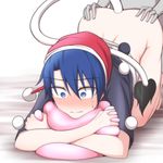  1girl bangs black_shirt blue_eyes blue_hair blush bottomless closed_mouth commentary_request doggystyle doremy_sweet dream_soul eyebrows_visible_through_hair eyes_visible_through_hair grey_skin hair_between_eyes hands_on_ass hat head_rest hetero holding kuroba_rapid looking_down nightcap no_panties nose_blush pom_pom_(clothes) red_hat sex shadow shirt short_hair short_sleeves solo_focus sweatdrop tail tapir_tail top-down_bottom-up touhou vaginal white_background wide-eyed 