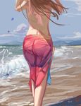  arms_up artist_name ass bad_id bad_pixiv_id beach bikini_top blue_sky brown_hair butt_crack cloud day from_behind head_out_of_frame highres long_hair ocean original outdoors pink_bikini_top sarong sketch sky solo walking water wujia_xiaozi 