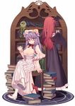  bat_wings bespectacled book bookshelf bow breasts capelet chair cleavage crescent crossed_legs cup dress glasses hair_bow hair_ribbon hat head_wings highres koakuma large_breasts long_hair long_sleeves misoni_comi mob_cap multiple_girls patchouli_knowledge purple_eyes purple_hair red_hair ribbon sitting skindentation skirt striped striped_dress teacup touhou tress_ribbon very_long_hair white_legwear wings 