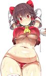  armpits arms_up belly benjamin_button_suukina_jinsei blush bow breasts brown_hair cookie_(touhou) crop_top crop_top_overhang detached_sleeves frown groin hair_bow hair_tubes hakurei_reimu highres large_breasts looking_at_viewer micro_panties midriff navel panties plump red_bow red_eyes red_panties reu ribbon-trimmed_legwear ribbon_trim short_hair simple_background solo_focus thighhighs touhou underboob underwear wet white_legwear 