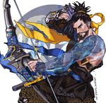  arrow bandolier bow_(weapon) brown_eyes brown_hair freer hair_tie hanzo_(overwatch) male_focus overwatch ponytail solo tattoo weapon 