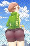  ass bike_shorts blush breasts brown_eyes brown_hair chain-link_fence chiri+ fence from_behind highres huge_ass jacket looking_at_viewer looking_back medium_breasts persona persona_4 satonaka_chie short_hair sideboob skirt skirt_lift solo track_jacket upskirt wristband 