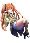  aihara_enju black_bullet dress hand_in_hair hand_on_hip highres long_hair looking_at_viewer orange_eyes orange_hair pleated_skirt sacchin_(tenmu) simple_background skirt solo twintails white_background white_dress zipper 