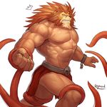  2016 abs anthro biceps big_muscles black_nose bound brown_fur clenched_teeth clothed clothing fangs feline fist fur leo_(red_earth) lion looking_at_viewer male mammal muscular muscular_male nipples pecs raymond158 red_earth scar simple_background solo standing teeth tentacles topless vein white_background yellow_eyes 
