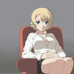  a1 bare_legs black_skirt blonde_hair blue_eyes braid breasts chair cleavage collarbone collared_shirt darjeeling girls_und_panzer gradient gradient_background hands_on_lap interlocked_fingers large_breasts looking_at_viewer pencil_skirt shirt short_hair sitting skirt smile solo thighs unbuttoned unbuttoned_shirt white_shirt 