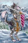  anthro armor bersek black_fur blue_eyes fur male melee_weapon sergal smile solo sword weapon white_fur winter 