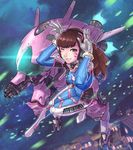  :d armor bangs bodysuit boots breasts brown_eyes brown_hair bunny_pose cannon covered_navel d.va_(overwatch) facial_mark full_body gatling_gun gloves gun headphones highres logo long_hair looking_at_viewer mecha medium_breasts meka_(overwatch) one_eye_closed open_mouth overwatch p_shiki pilot_suit smile solo swept_bangs thigh_boots thighhighs weapon whisker_markings white_footwear white_gloves 