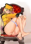  ashiomi_masato barefoot blonde_hair blue_eyes censored chair fingerless_gloves fur_hat gloves guilty_gear guilty_gear_xrd hat long_hair millia_rage panties panty_pull sitting solo underwear 