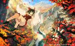  2girls autumn hakurei_reimu kitsune_(kazenouta) leaves ribbons shameimaru_aya short_hair skirt stockings touhou tree 
