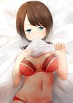  absurdres akky_(akimi1127) bed_sheet blue_eyes blush bra breasts brown_hair cleavage closed_mouth eyebrows eyebrows_visible_through_hair from_above highres large_breasts lifted_by_self looking_at_viewer looking_up lying mouth_hold navel on_back original panties red_bra red_panties school_uniform serafuku shirt short_hair short_sleeves smile solo stomach underwear white_shirt 