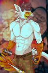  2016 abs anthro avian beak brown_hair claws clothed clothing digital_media_(artwork) feathers fur hair hi_res jeanwoof male paint partially_clothed solo spray_can spray_paint standing white_fur yellow_eyes 