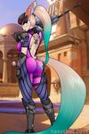  2016 anthro big_butt big_ears black_lips black_nose blizzard_entertainment blue_hair breasts butt cat clothing cosplay crossover eyeshadow feline female fur gun hair long_hair looking_at_viewer lyrian makeup mammal nasusbot overwatch prince_vaxis_(copyright) princess_vaxi ranged_weapon red_eyes rifle shiny sniper solo tight_clothing video_games weapon whiskers white_fur wide_hips widowmaker_(overwatch) 