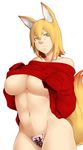  animal_ears bare_shoulders blonde_hair breasts commentary_request eyebrows fox_ears fox_tail frown green_eyes hair_between_eyes highres large_breasts maebari naked_sweater navel neko_majin no_bra nose original short_hair sleeves_past_wrists slit_pupils solo sweater tail thick_eyebrows underboob 
