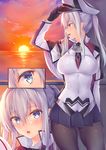  adjusting_clothes adjusting_hat black_legwear blonde_hair blue_eyes blush breasts capelet covered_navel gloves graf_zeppelin_(kantai_collection) hat highres kantai_collection large_breasts long_hair looking_at_viewer md5_mismatch multiple_views obiwan ocean pantyhose parted_lips peaked_cap profile scenery sunset twilight twintails zooming_in 
