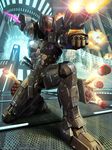  artist_name energy_blade explosion firing glowing gun male_focus missile one_knee original outstretched_arms power_armor power_suit saito_yoshinobu science_fiction smoke solo turret weapon 