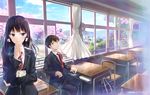  1girl bag black_hair blazer blue_eyes book brown_eyes brown_hair chair cherry_blossoms classroom cloud curtains day desk finger_to_mouth hair_ribbon jacket long_hair necktie original ribbon school_bag school_desk short_hair sitting sky smile wind window wingheart 