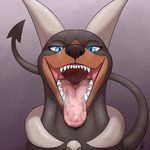  2016 ambiguous_gender black_fur black_nose blue_eyes bone brown_fur canine drooling english_text feral fur hi_res horn houndoom looking_at_viewer mammal mouth_shot nintendo nude open_mouth pok&eacute;mon purple_background saliva sharp_teeth shikaro signature simple_background smile teeth text tongue tongue_out video_games white_horn 